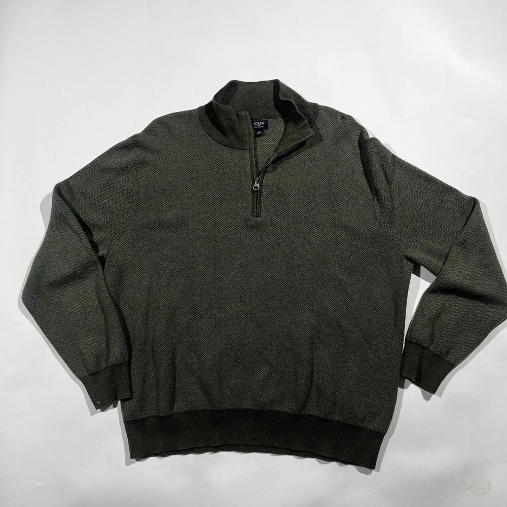 J.Crew Mens Large Green Herringbone 100% Cotton Quarter Zip Pullover Sweater